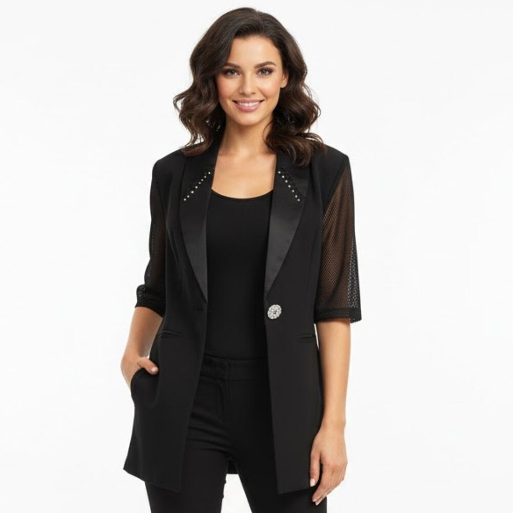 SEXY Black Blazer TUXEDO MESH RHINESTONE SEQUIN PARTY Jacket Cutout SPARKLES